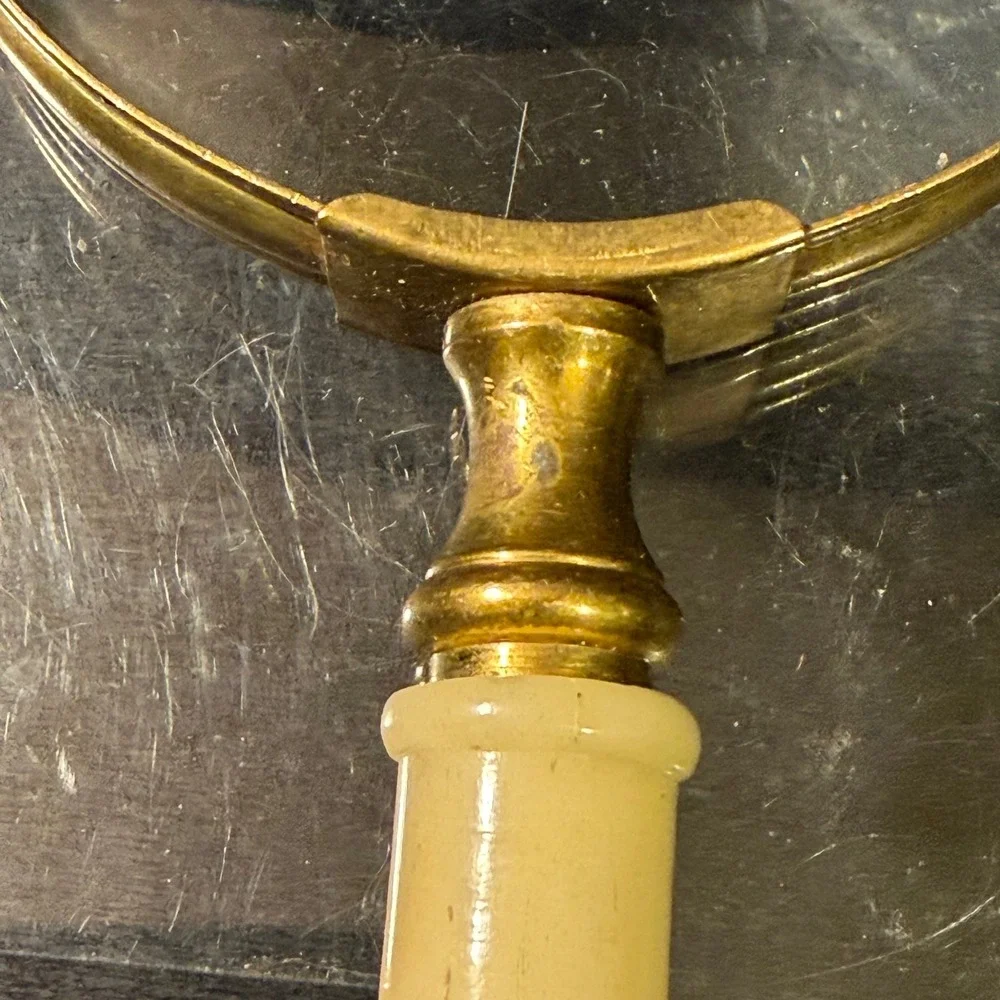 Vintage Brass Handheld Magnifying Glass Cream Turned Handle Large 4 Inch Lens